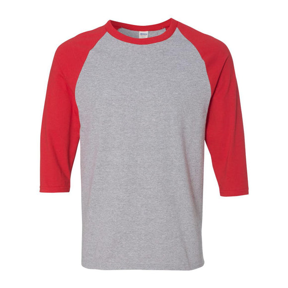 5700 Gildan Heavy Cotton™ Raglan Three-Quarter Sleeve T-Shirt Sport Grey/ Red