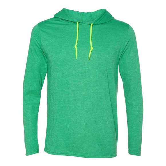 987 Gildan Softstyle® Lightweight Hooded Long Sleeve T-Shirt Heather Green/ Neon Yellow