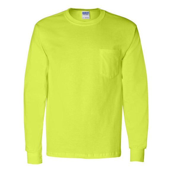 2410 Gildan Ultra Cotton® Long Sleeve Pocket T-Shirt Safety Green