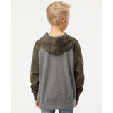 PRM15YSB Independent Trading Co. Youth Special Blend Raglan Hooded Sweatshirt Nickel Heather/ Forest Camo