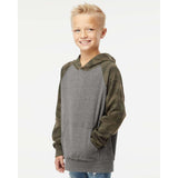 PRM15YSB Independent Trading Co. Youth Special Blend Raglan Hooded Sweatshirt Nickel Heather/ Forest Camo